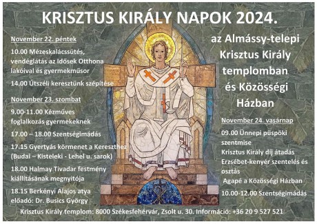 Hétvégén rendezik a Krisztus Király Napokat a Zsolt utcai templomban